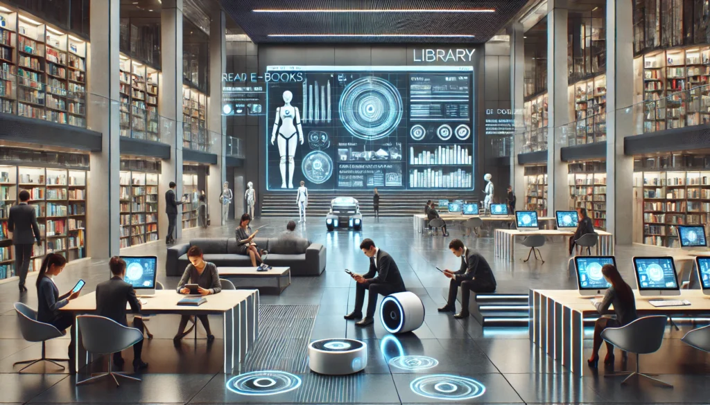 A futuristic and stylish library interior with people sitting and interacting with electronic media devices. The scene includes users reading e-books.