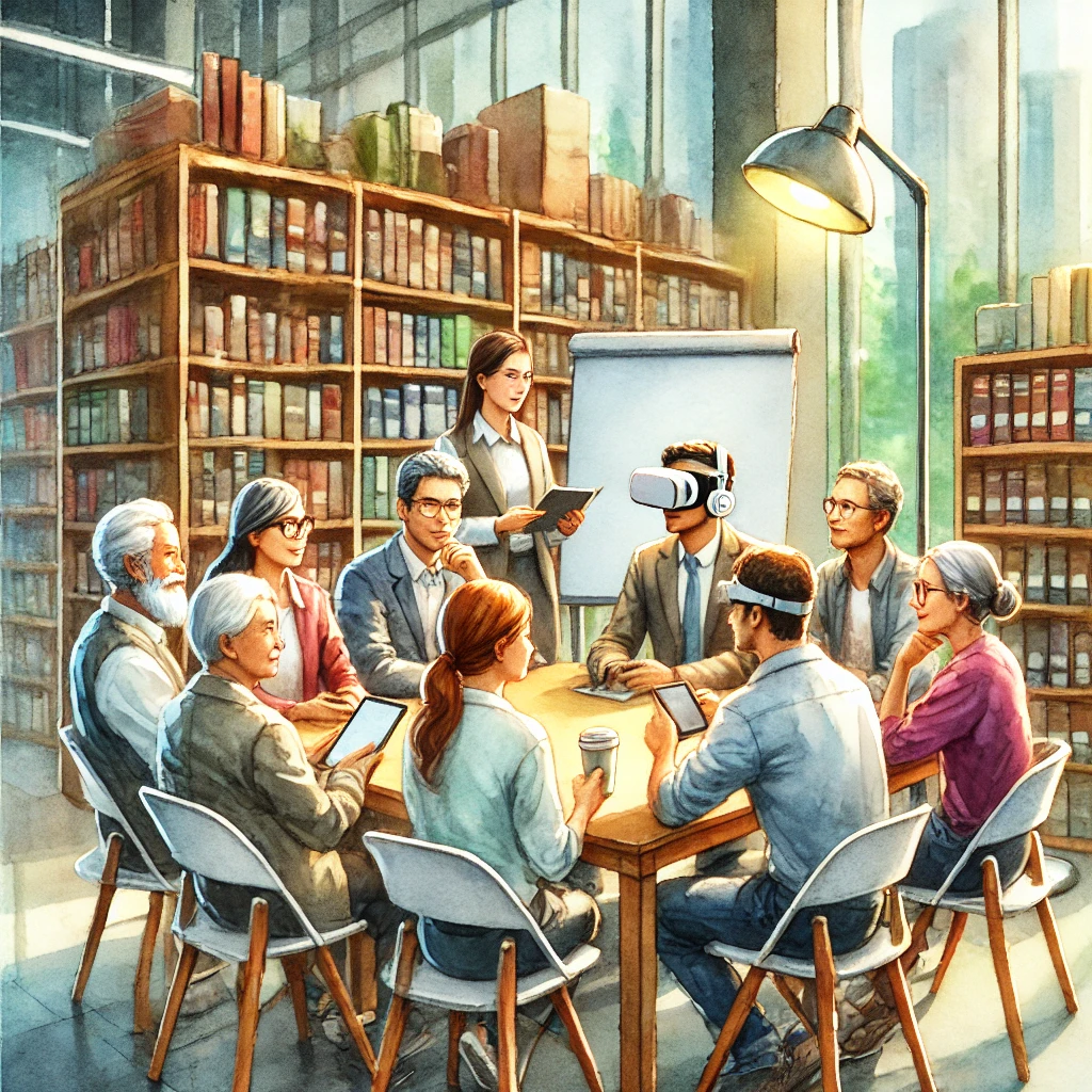 Gruppe von Menschen bei Gruppenarbeit in Bibliothek