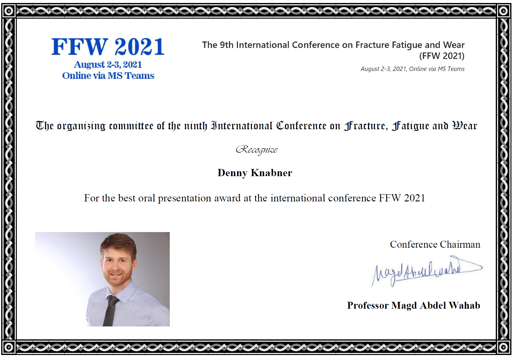 Auszeichnung für die beste Präsentation auf International Conference on Fatigue Fracture and wear (FFW 2021)