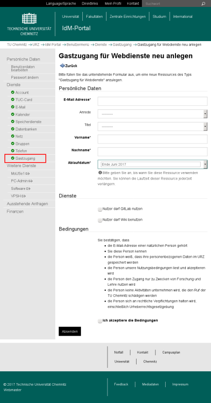 Screenshot Formular Gastzugang für Webdienste anlegen