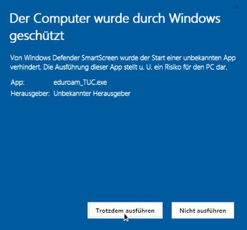 Warnung des Windows Defenders zur eduroam_TUC.exe