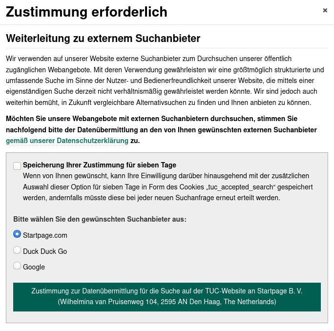 Auswahlmöglichkeiten für die Suche auf TU-Webseiten