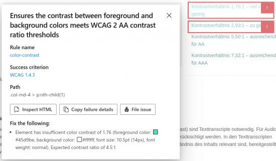 Screenshot des Dialogs der Accessibility Insights Erweiterung