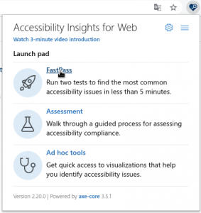 Screenshot der Auswahl der unterschiedlichen Werkzeuge in der Erweiterung Accessibility Insights for Web