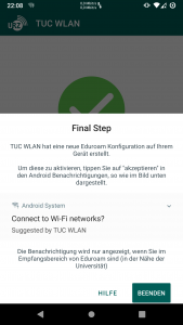 Screenshot der TUC WLAN App, in dem angezeigt wird, wie man die Benachrichtigung unter Android 10 bestätigen soll