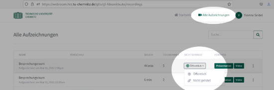 Screenshot des Bereichs „Meine Aufzeichnungen im BBB-Portal“. Der Bereich der Sichtbarkeit von Aufzeichnungen ist markiert