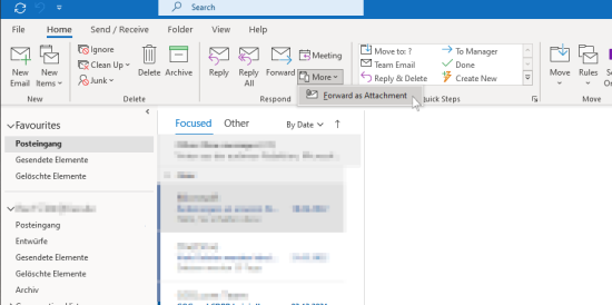 Screenshot of the action menu in Outlook