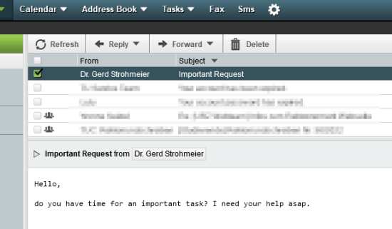 Screenshot of E-mail from Gerd Strohmeier: Hello, do you have time for an important task? I need your help asap.