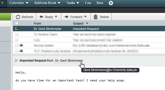Screenshot of e-mail from Gerd Strohmeier. An unknown e-mail address can be seen when hovering over the name.