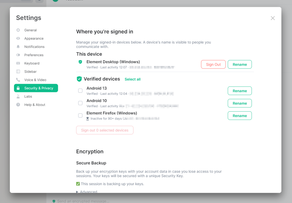 Screenshot Element Settings, Security and Privacy
