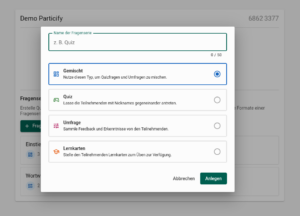 Oberfläche zur Auswahl von Fragetypenserien. Gemischt, Quiz, Umfragen oder Lernkarten