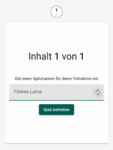 Automatisch generierte Nickname "Flinkes Lama" bei der Ausführung eines Quiz