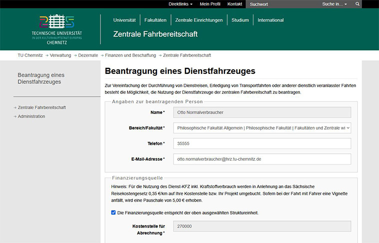 Formularansicht des Reservierungsportals für Dienstfahrzeuge