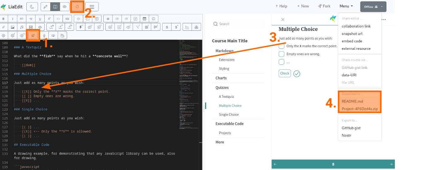 Screenshot des LiaScript-Live-Editors mit Markierungen einzelner Funktionen