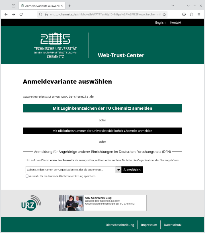 Screenshot vom Web-Trust-Center: „Anmeldevariante auswählen“ – mit Loginkennzeichen der TU Chemnitz, mit Bibliotheksnummer der Universitätsbibliothek oder als Angehöriger eine anderen Einrichtung im DFN