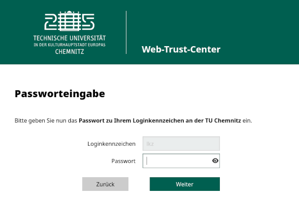 Screenshot vom Web-Trust-Center: „Passworteingabe“ – Eingabe des Passworts zum Loginkennzeichen an der TU Chemnitz