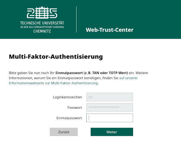 Screenshot vom Web-Trust-Center: „Multi-Faktor-Authentisierung“ – Eingabe eines Einmalpassworts nach der Passwortabfrage