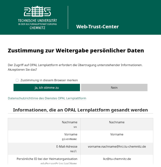 Screenshot vom Web-Trust-Center: „Zustimmung zur Weitergabe persönlicher Daten“ – Auflistung der Informationen, die an den Dienst OPAL Lernplattform übermittelt werden