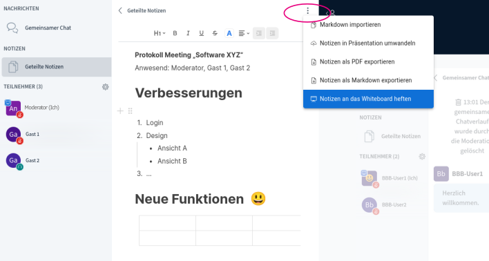 Menüpunkt Noitizen ans Whiteboard heften